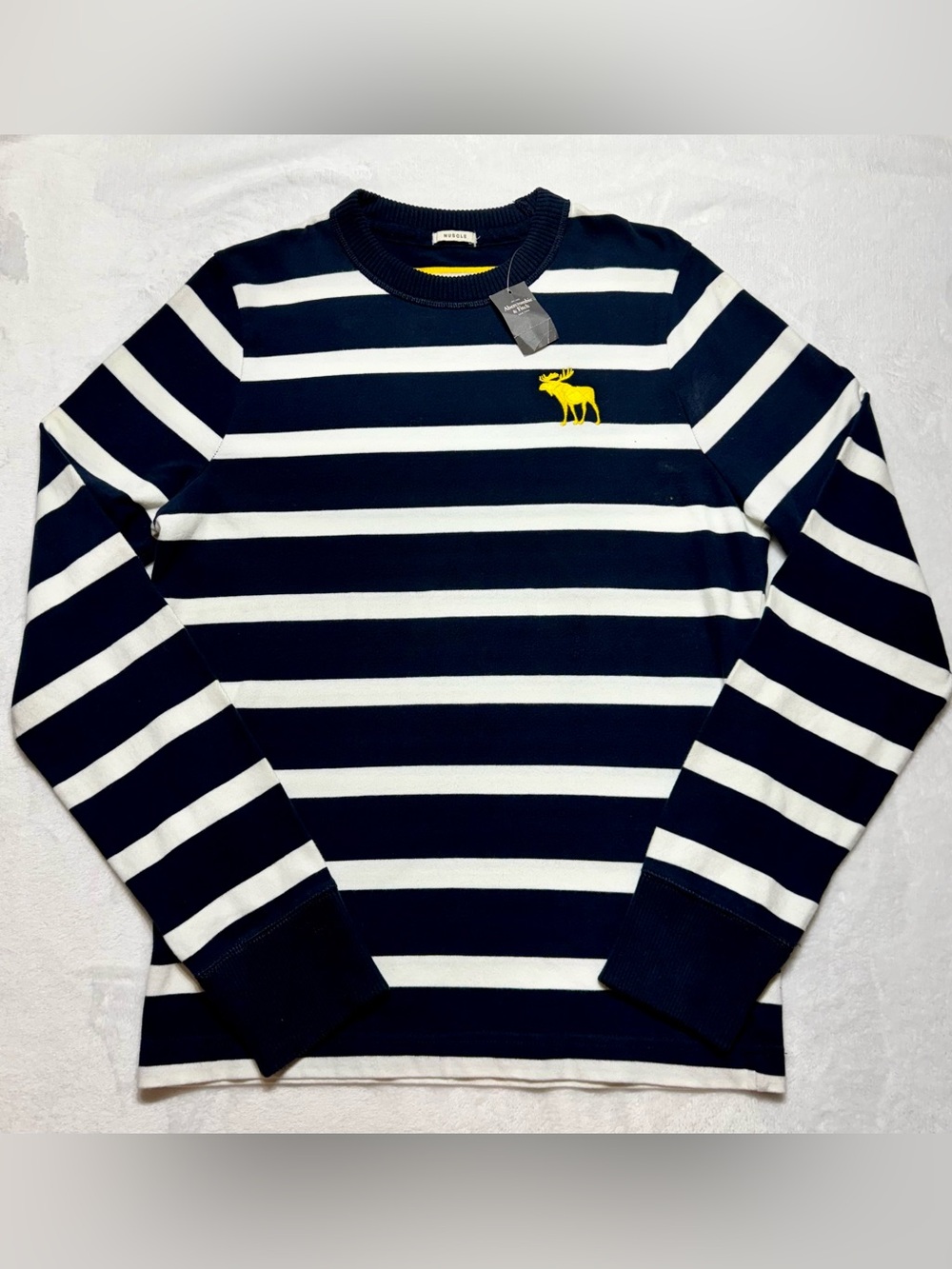 Abercrombie & Fitch Mens Blue and White Striped Crewneck Knit Moose Logo Sweater